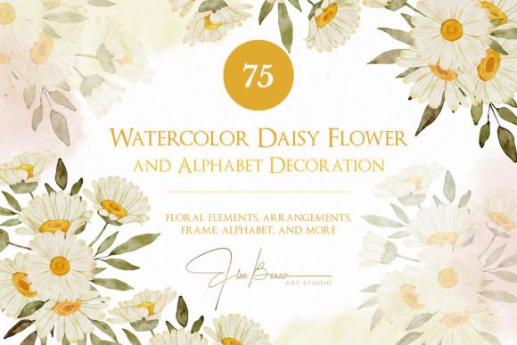 Watercolor Daisy Flower and Alphabet